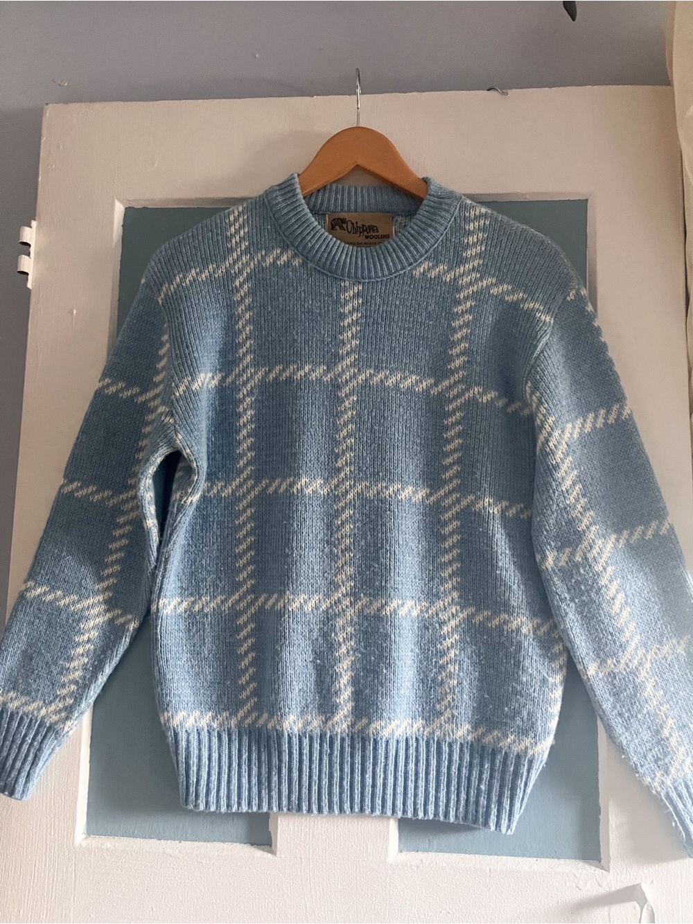 1960s Vintage Traverse Bay Woolens Co Powder Blue check sweater crew neck